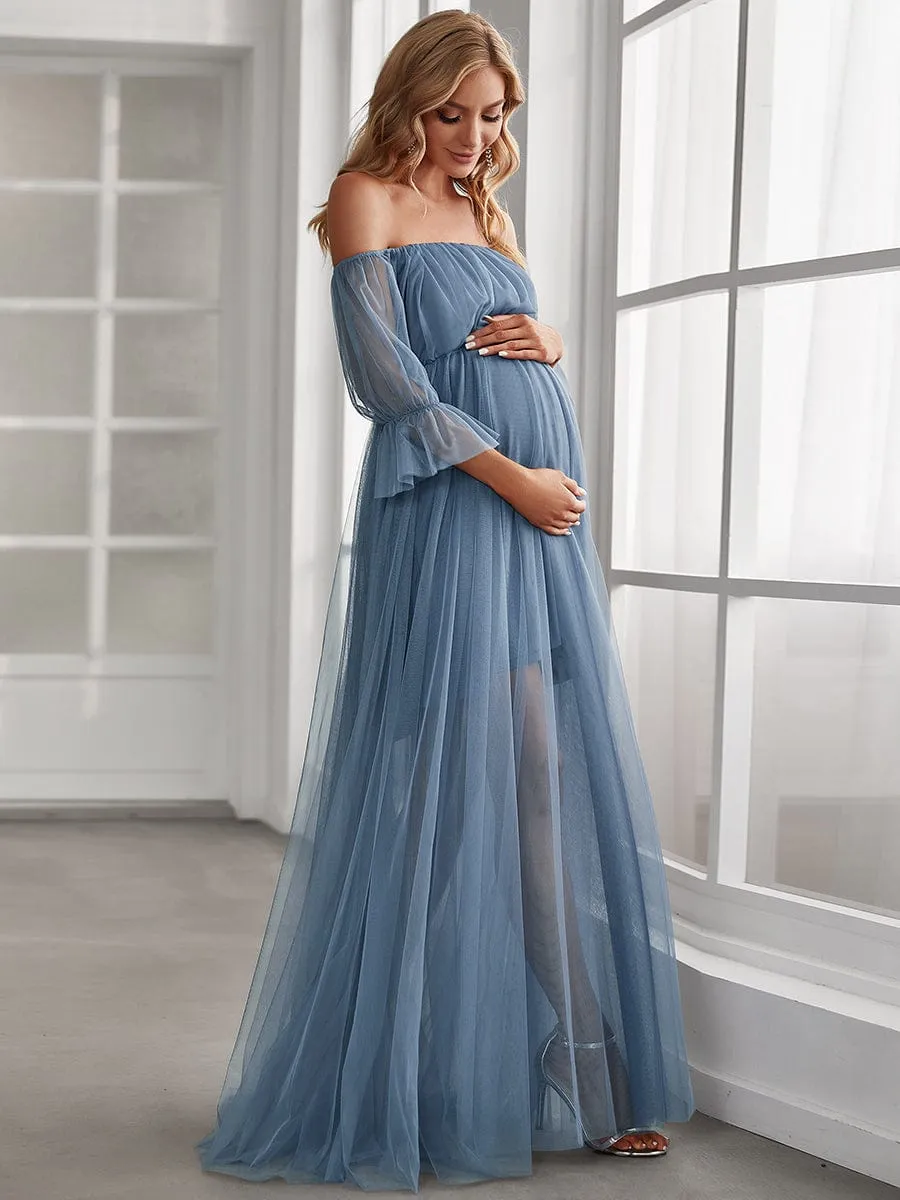 Off the Shoulder Pleated Tulle Maxi Maternity Wedding Guest Dress