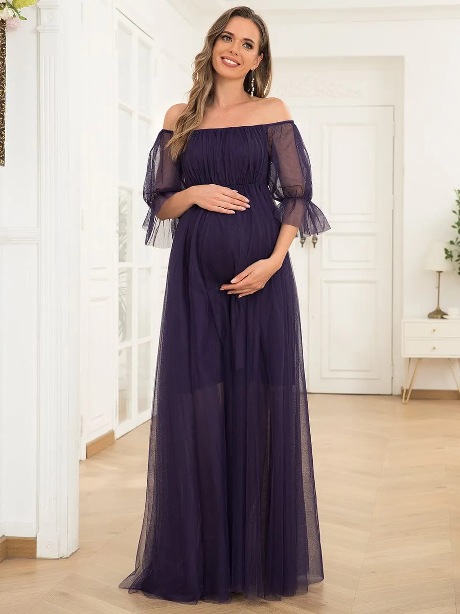 Off the Shoulder Pleated Tulle Maxi Maternity Wedding Guest Dress