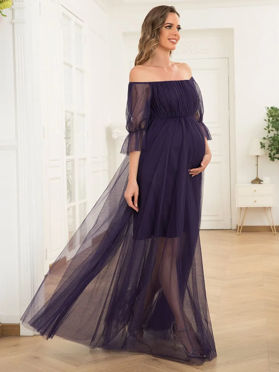 Off the Shoulder Pleated Tulle Maxi Maternity Wedding Guest Dress