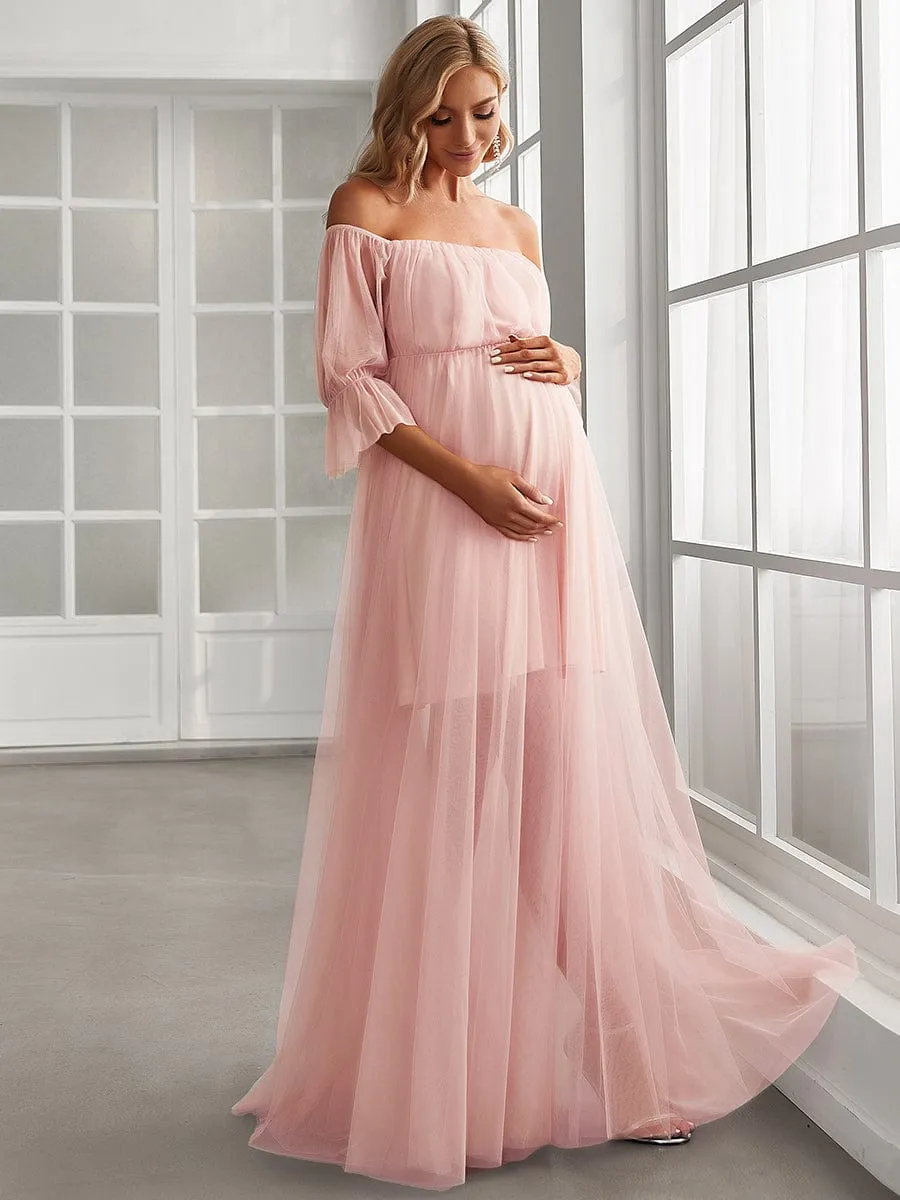 Off the Shoulder Pleated Tulle Maxi Maternity Wedding Guest Dress