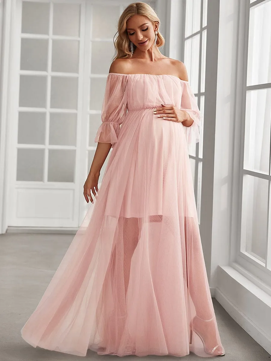 Off the Shoulder Pleated Tulle Maxi Maternity Wedding Guest Dress