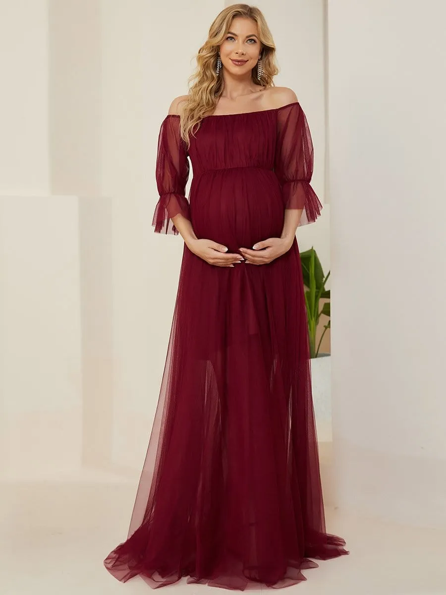 Off the Shoulder Pleated Tulle Maxi Maternity Wedding Guest Dress