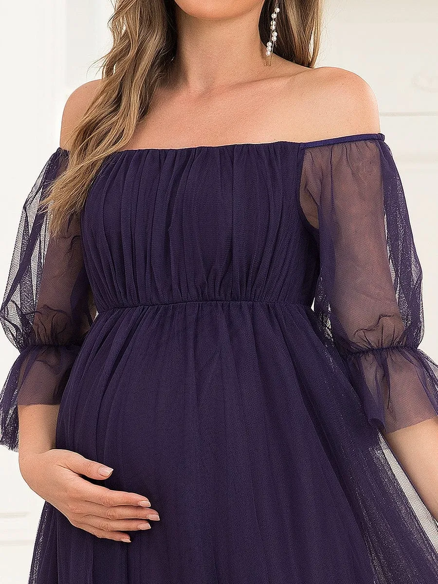 Off the Shoulder Pleated Tulle Maxi Maternity Wedding Guest Dress