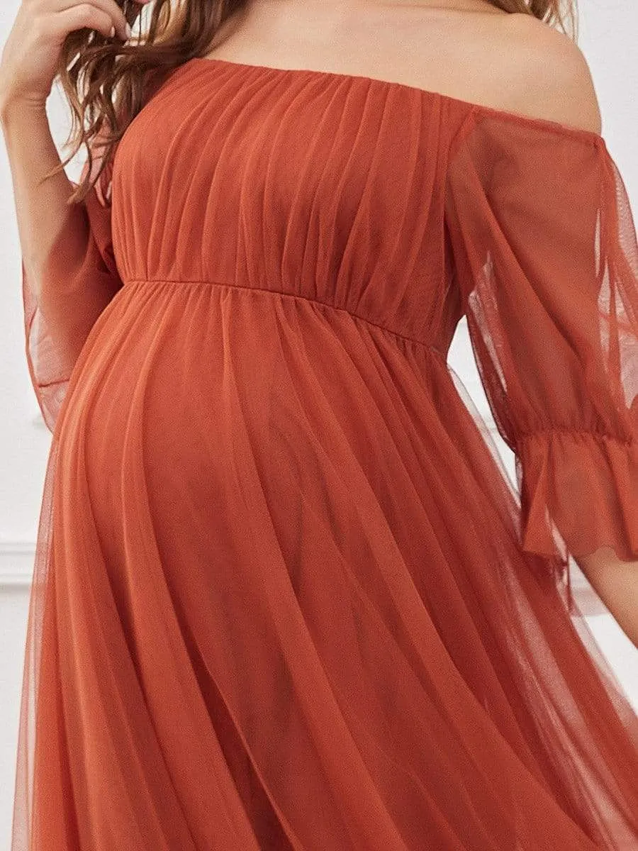 Off the Shoulder Pleated Tulle Maxi Maternity Wedding Guest Dress