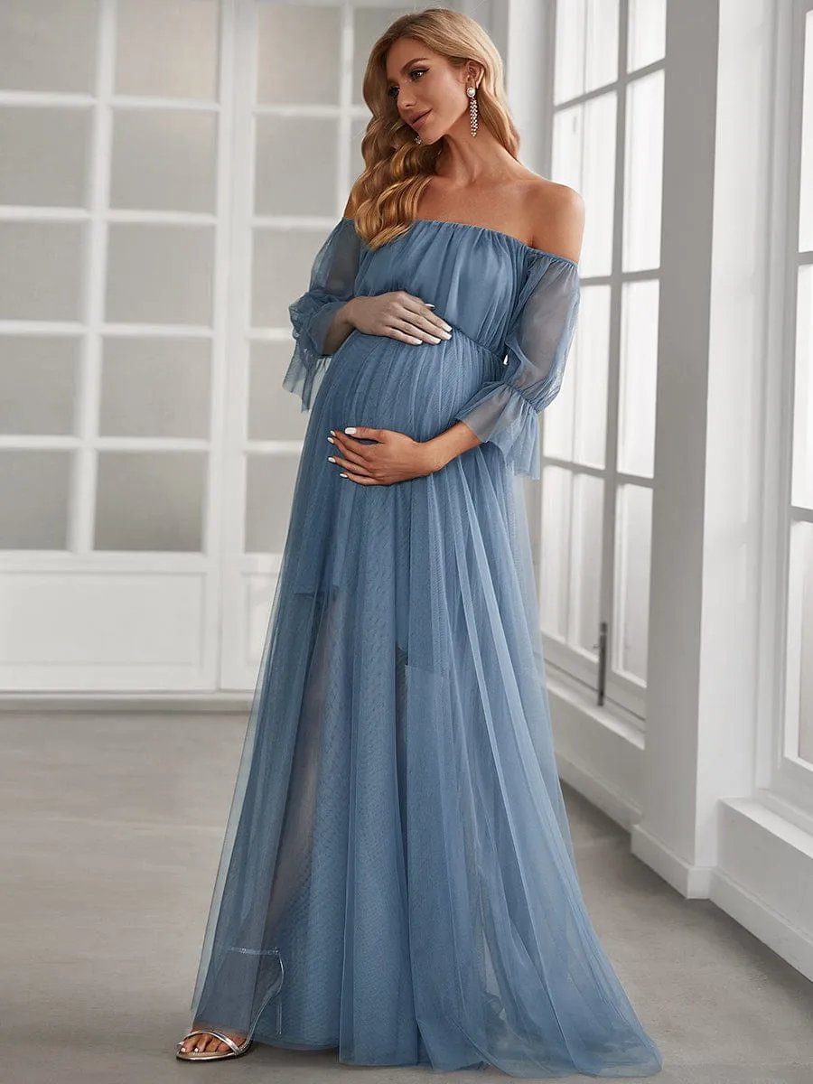 Off the Shoulder Pleated Tulle Maxi Maternity Wedding Guest Dress