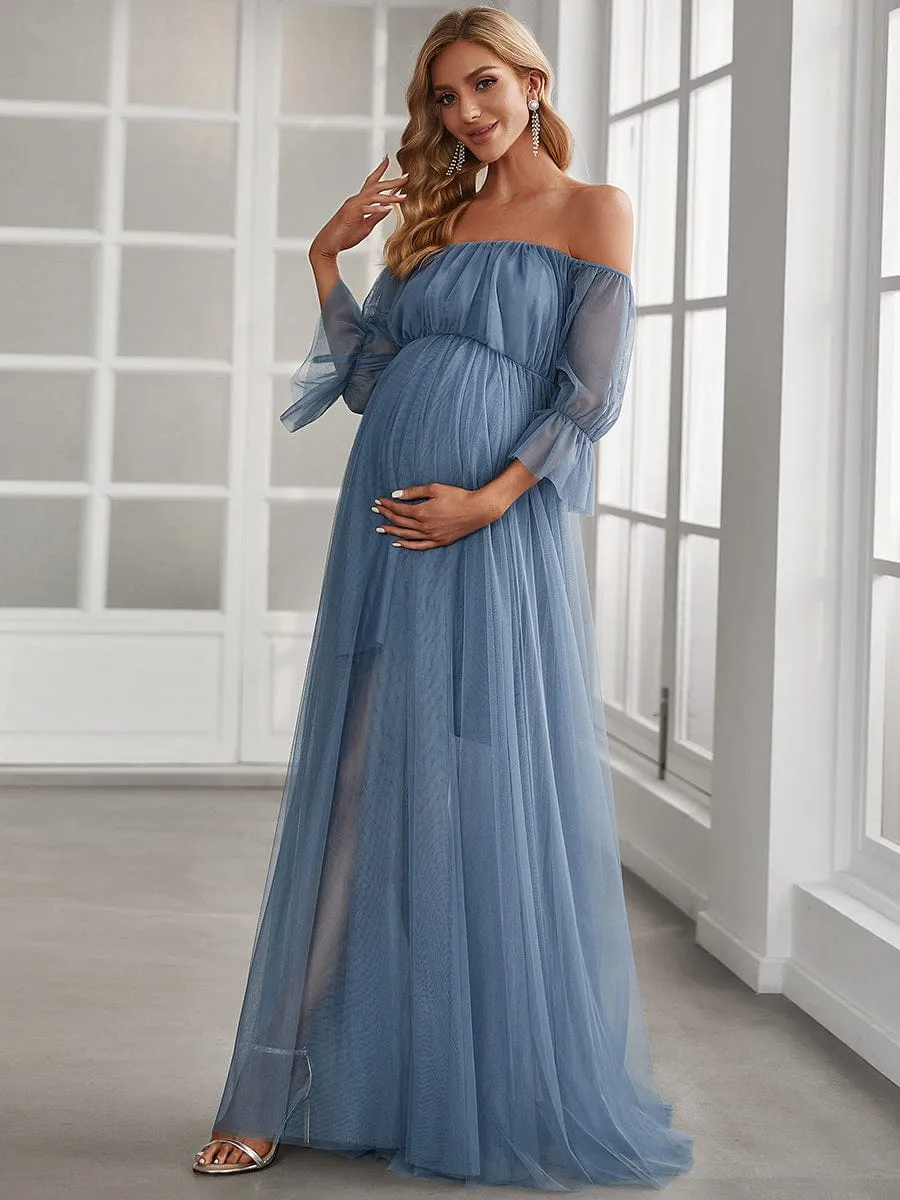 Off the Shoulder Pleated Tulle Maxi Maternity Wedding Guest Dress