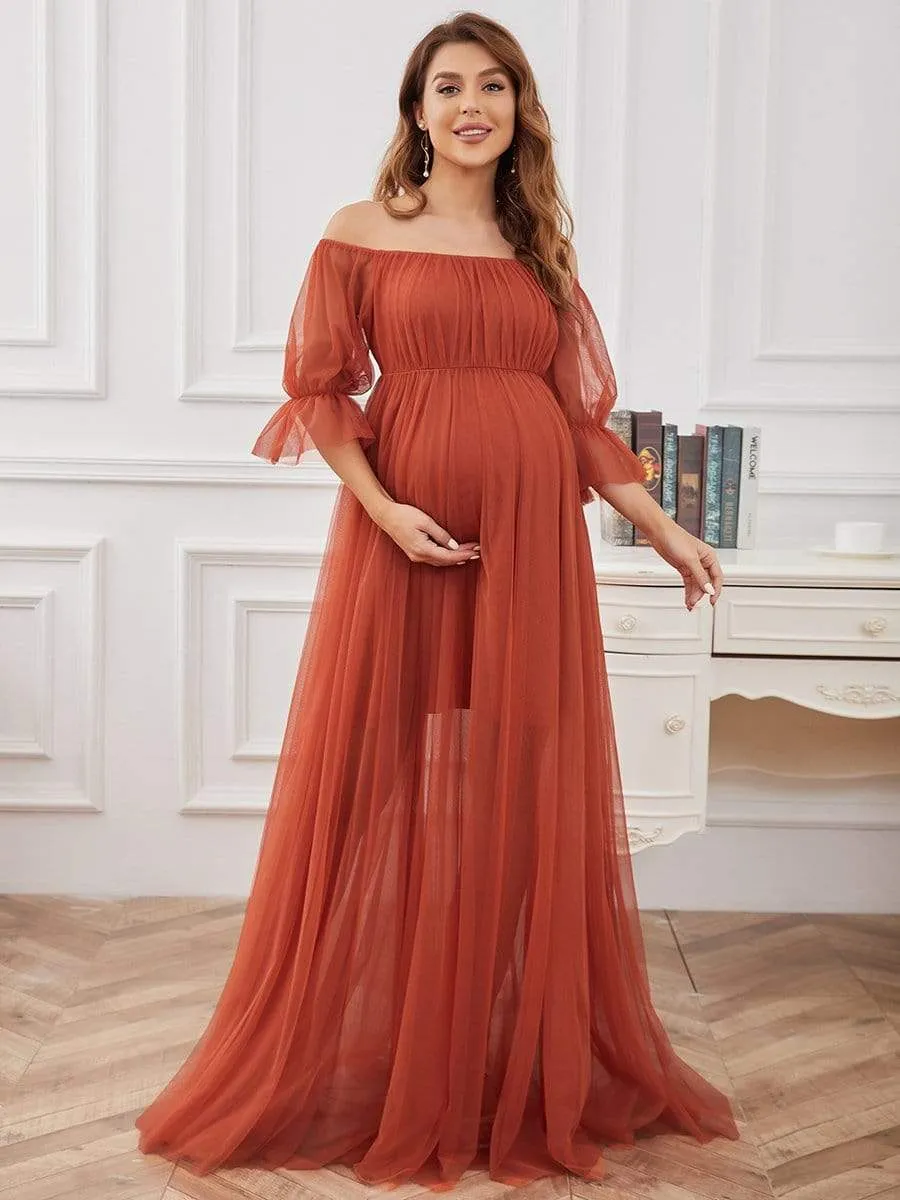 Off the Shoulder Pleated Tulle Maxi Maternity Wedding Guest Dress