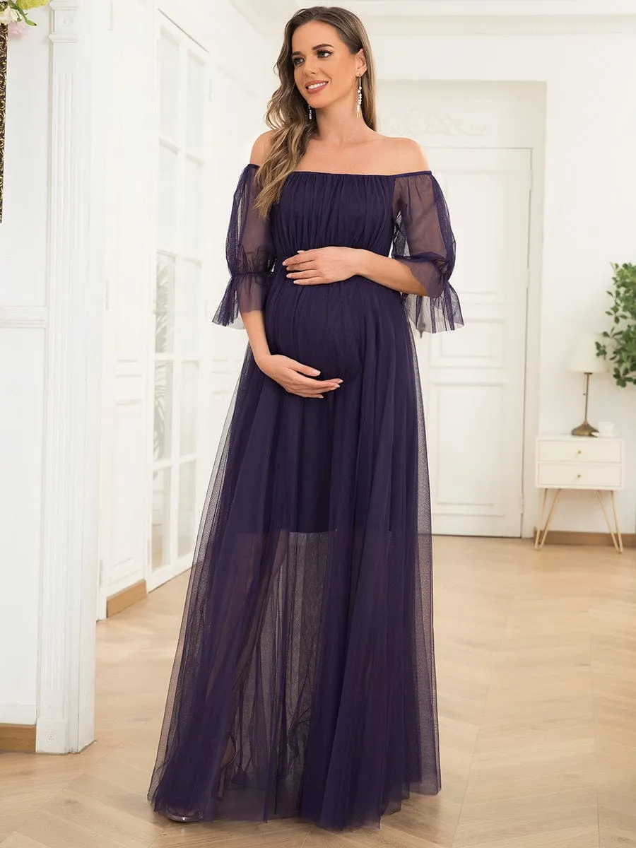 Off the Shoulder Pleated Tulle Maxi Maternity Wedding Guest Dress