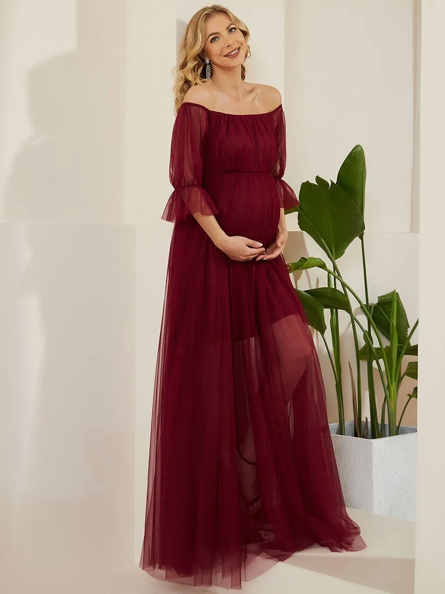 Off the Shoulder Pleated Tulle Maxi Maternity Wedding Guest Dress