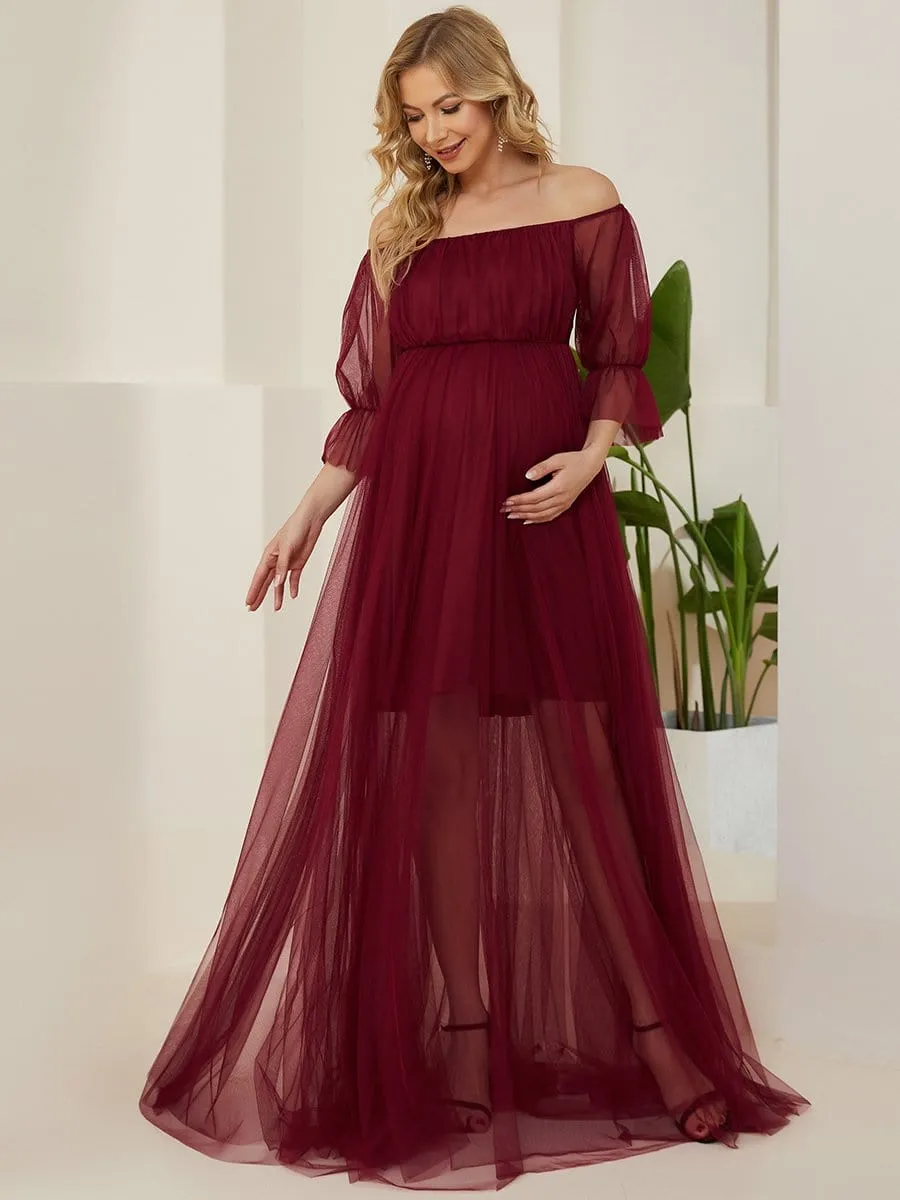 Off the Shoulder Pleated Tulle Maxi Maternity Wedding Guest Dress