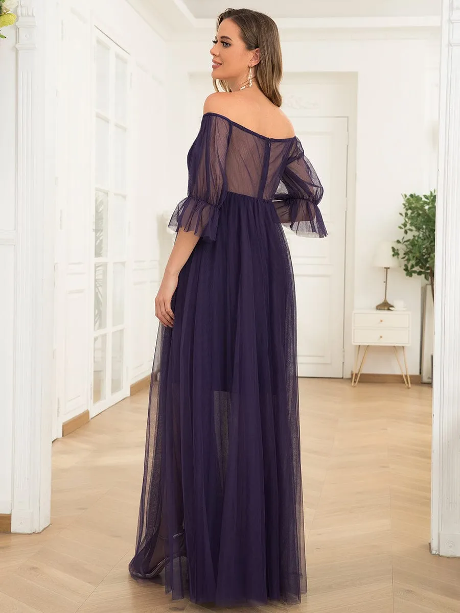 Off the Shoulder Pleated Tulle Maxi Maternity Wedding Guest Dress