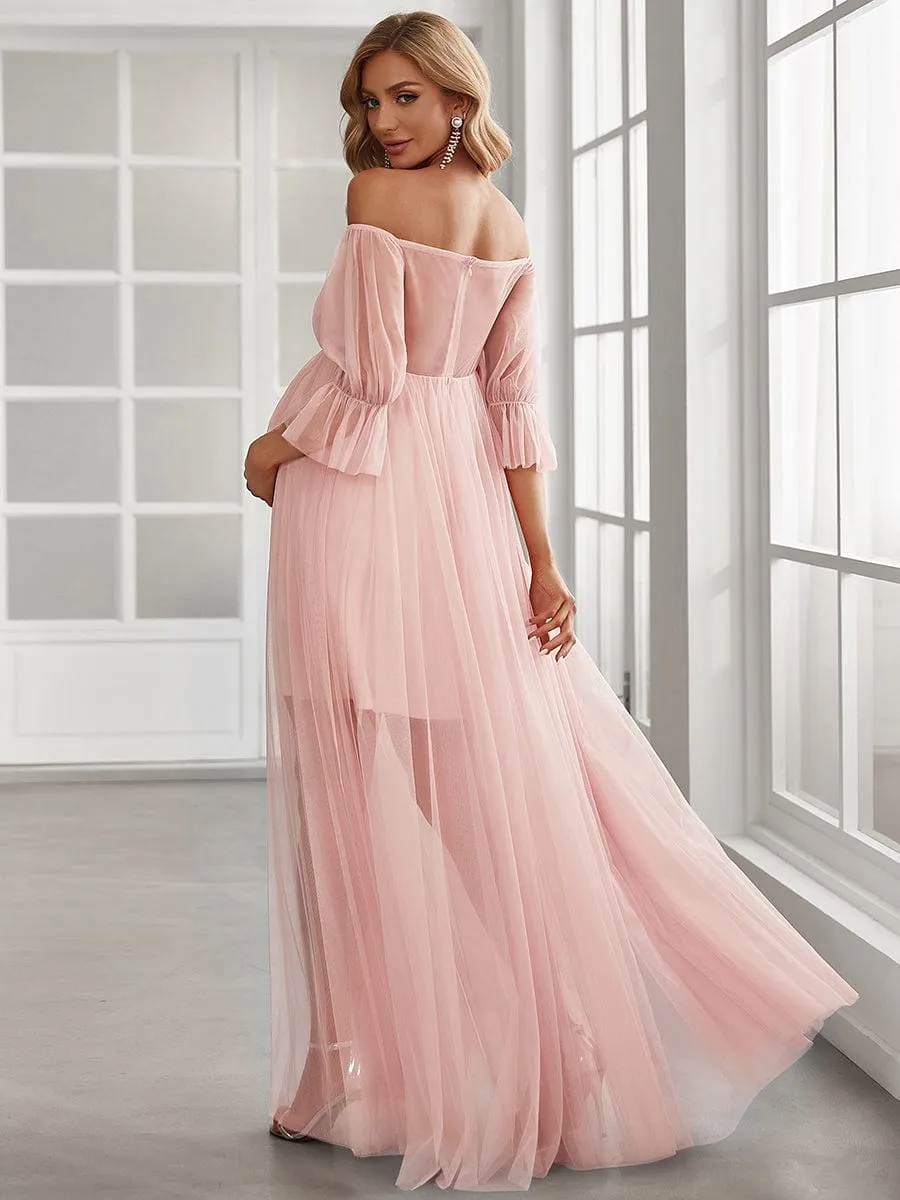 Off the Shoulder Pleated Tulle Maxi Maternity Wedding Guest Dress