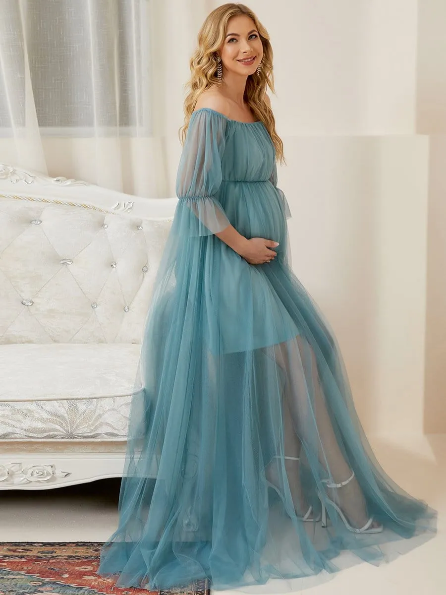 Off the Shoulder Pleated Tulle Maxi Maternity Wedding Guest Dress