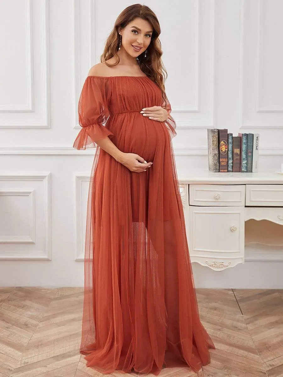 Off the Shoulder Pleated Tulle Maxi Maternity Wedding Guest Dress