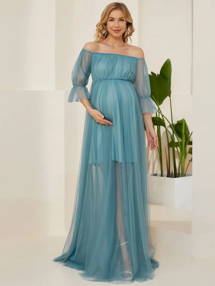 Off the Shoulder Pleated Tulle Maxi Maternity Wedding Guest Dress