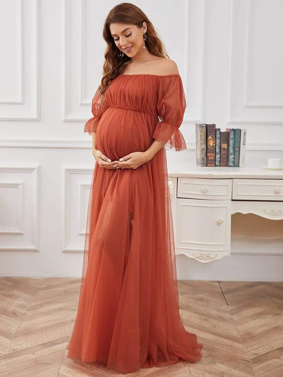 Off the Shoulder Pleated Tulle Maxi Maternity Wedding Guest Dress