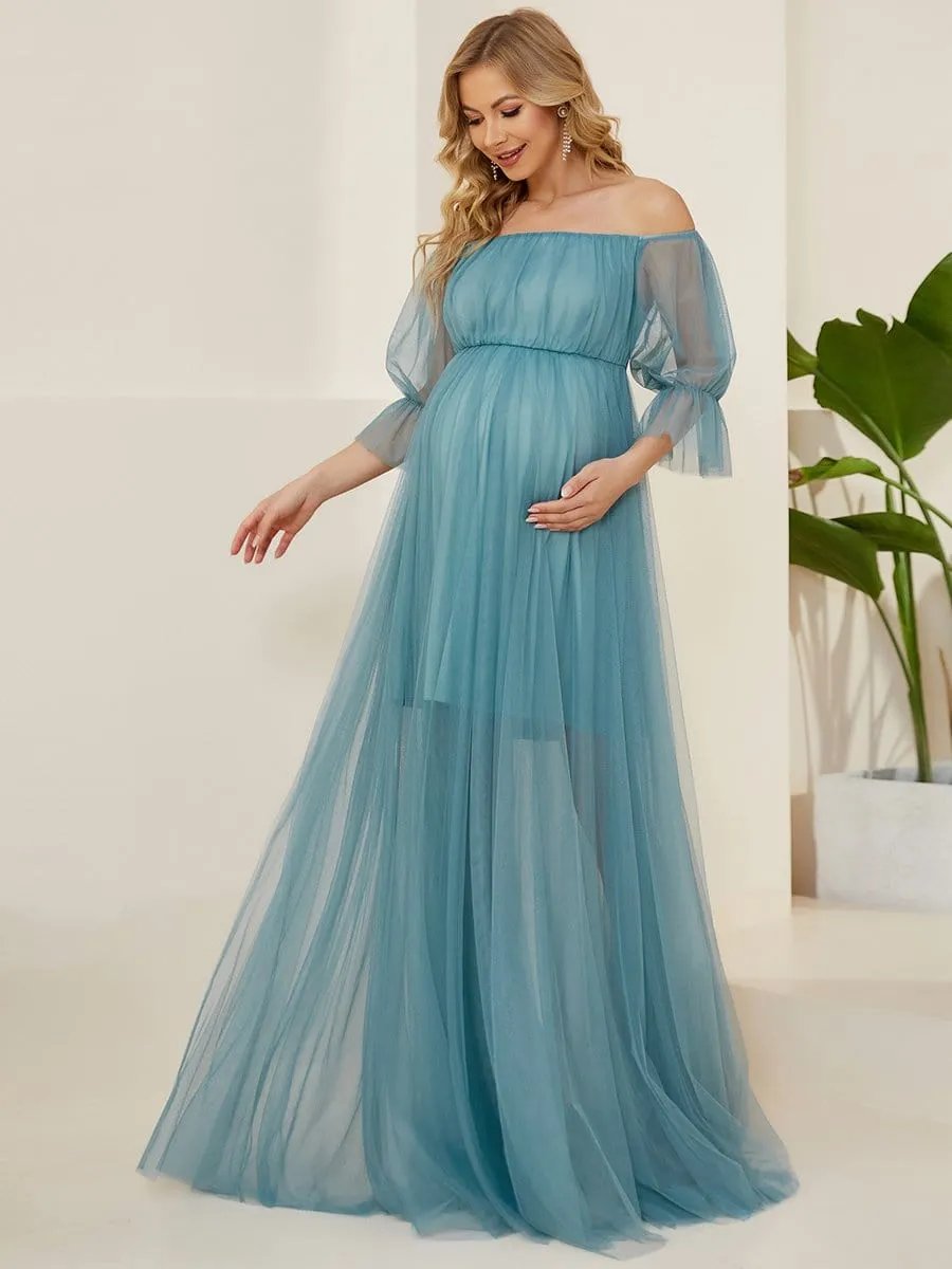 Off the Shoulder Pleated Tulle Maxi Maternity Wedding Guest Dress