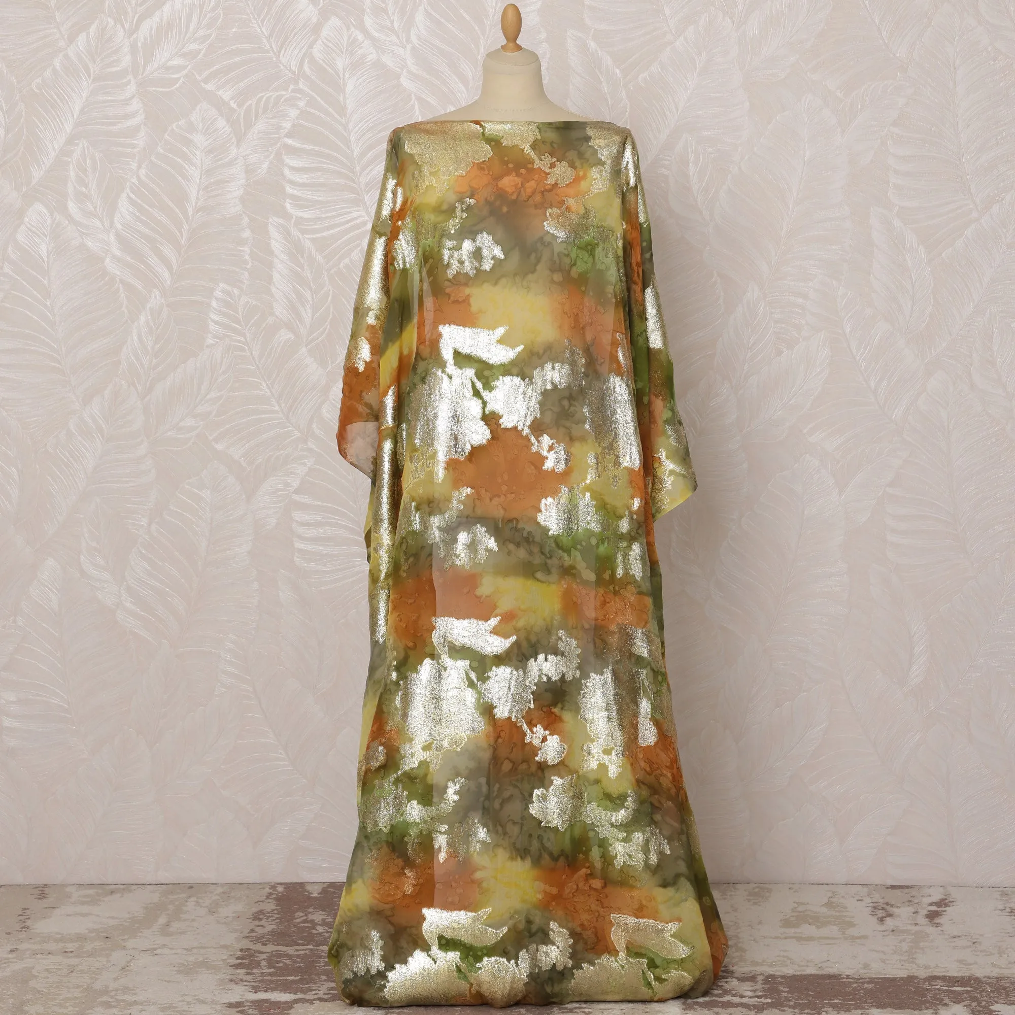 Olive Green and Gold Silk Chiffon Dirac Fabric with Metallic Lurex, 3.5 Meters, 140 cm Width-D20807