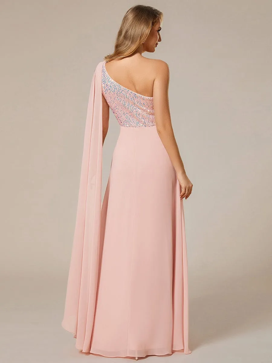 One-Shoulder Sequin Bodice Evening Dress with Flowy Chiffon