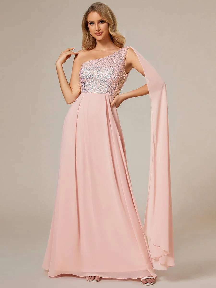 One-Shoulder Sequin Bodice Evening Dress with Flowy Chiffon