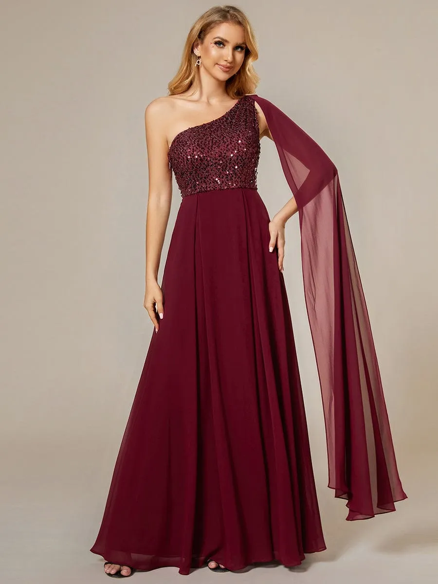 One-Shoulder Sequin Bodice Evening Dress with Flowy Chiffon