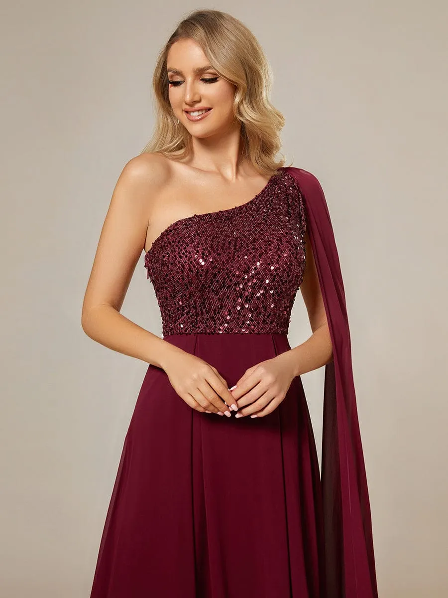 One-Shoulder Sequin Bodice Evening Dress with Flowy Chiffon