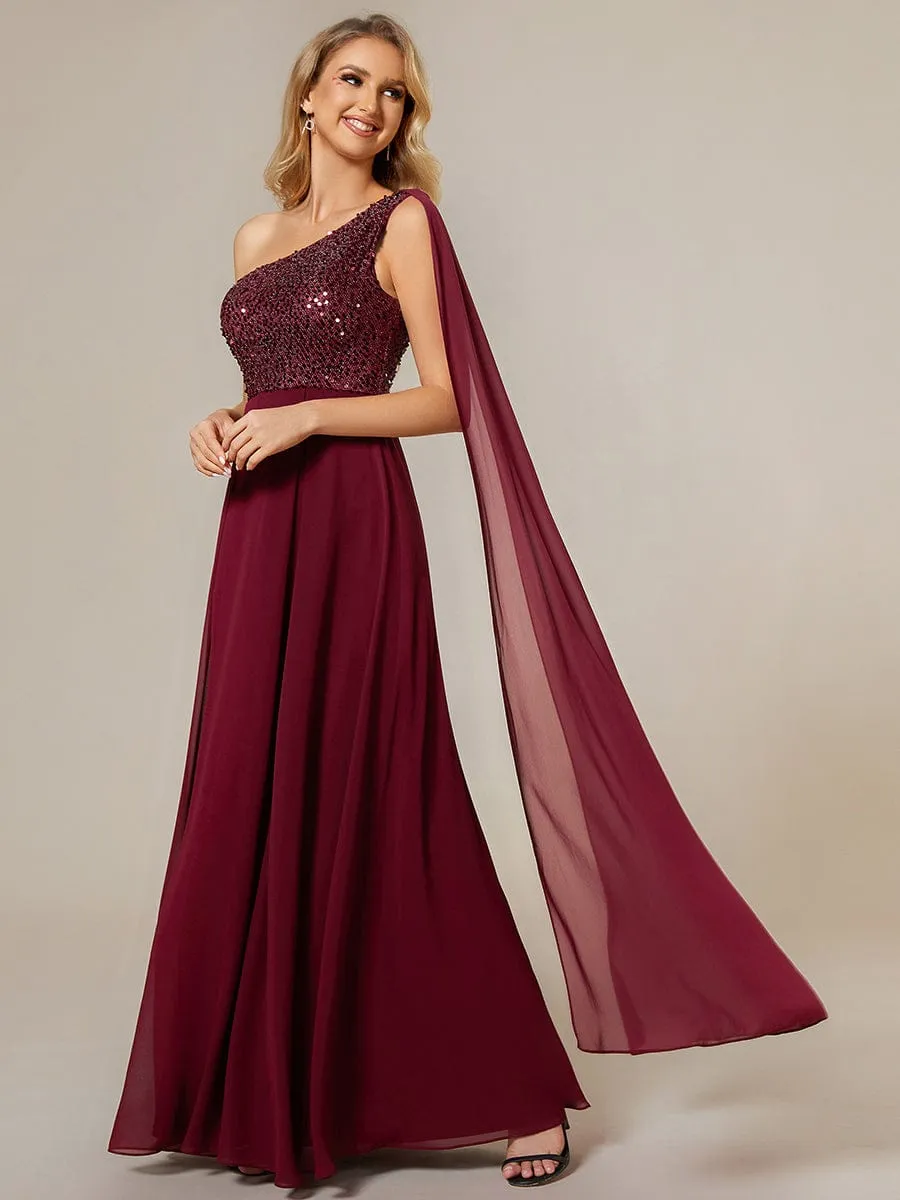 One-Shoulder Sequin Bodice Evening Dress with Flowy Chiffon