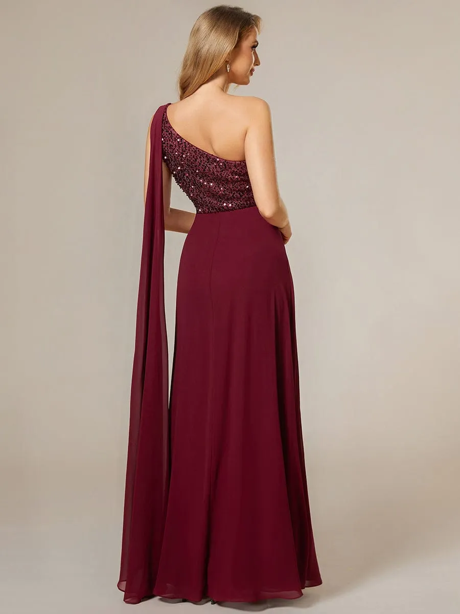 One-Shoulder Sequin Bodice Evening Dress with Flowy Chiffon