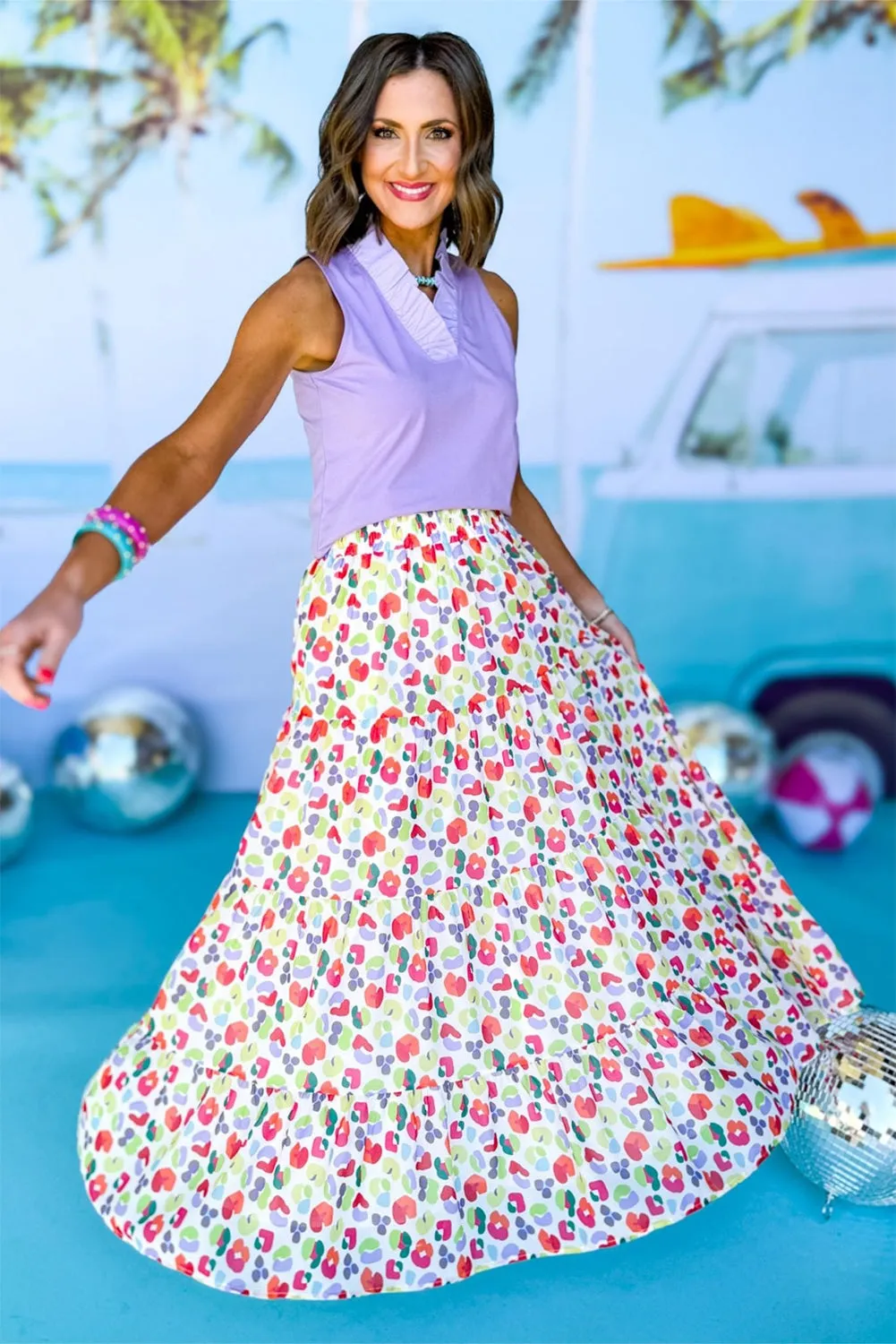 Pink Abstract Print Tiered Flowy Maxi Skirt