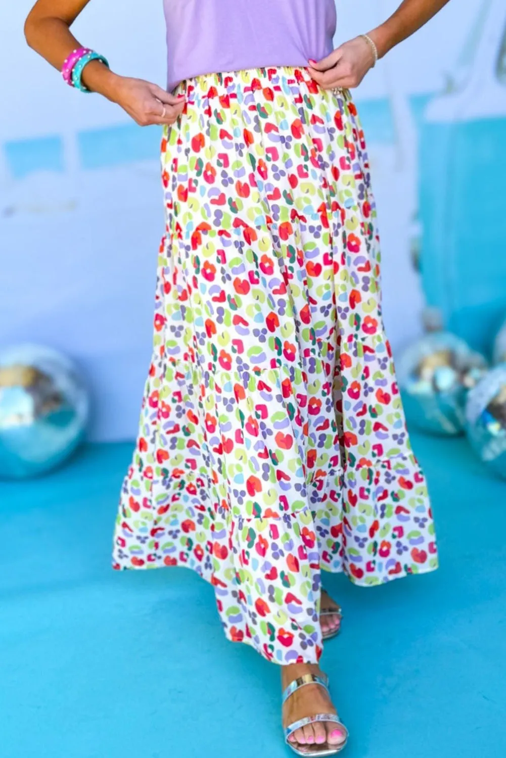 Pink Abstract Print Tiered Flowy Maxi Skirt