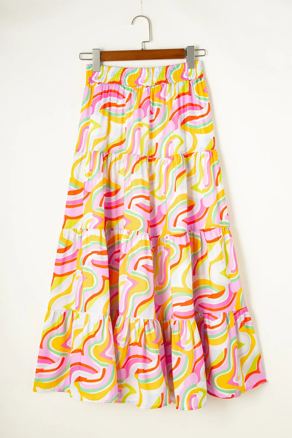 Pink Abstract Print Tiered Flowy Maxi Skirt