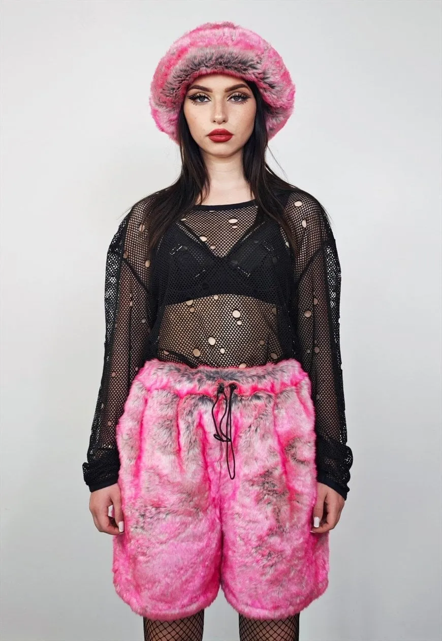 Pink faux fur shorts luxury going out fuzzy cropped pants