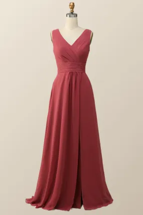 Pleated Terracotta Empire Chiffon Long Bridesmaid Dress