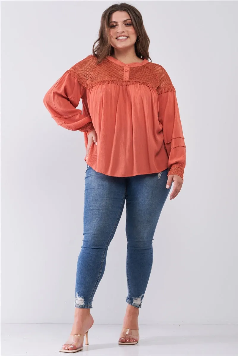 Plus Size Boho Sheer Net Mesh Balloon Sleeve Detail Relaxed Top