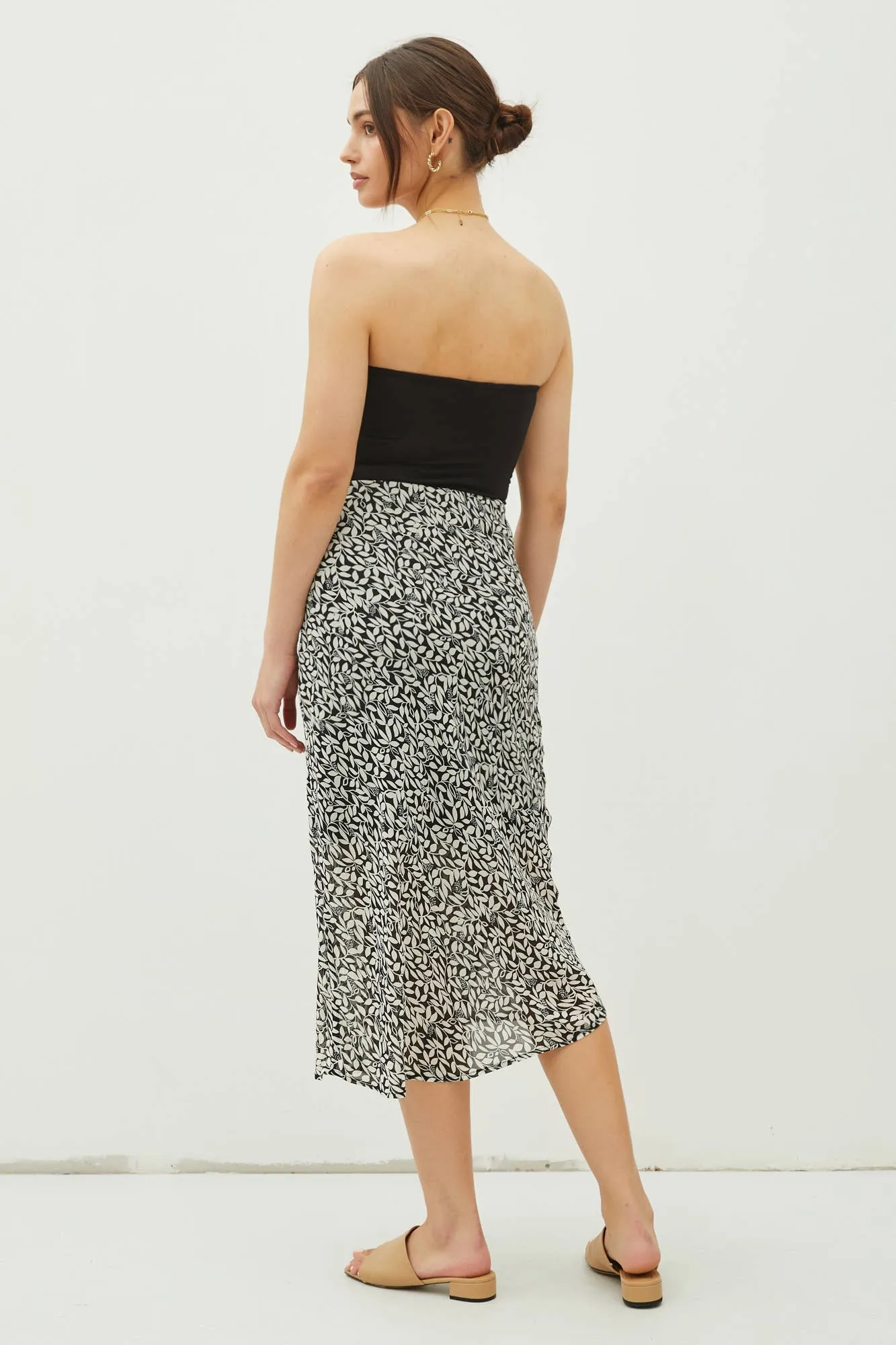 PRINT DRAPED SIDE KNOT MIDI SKIRT