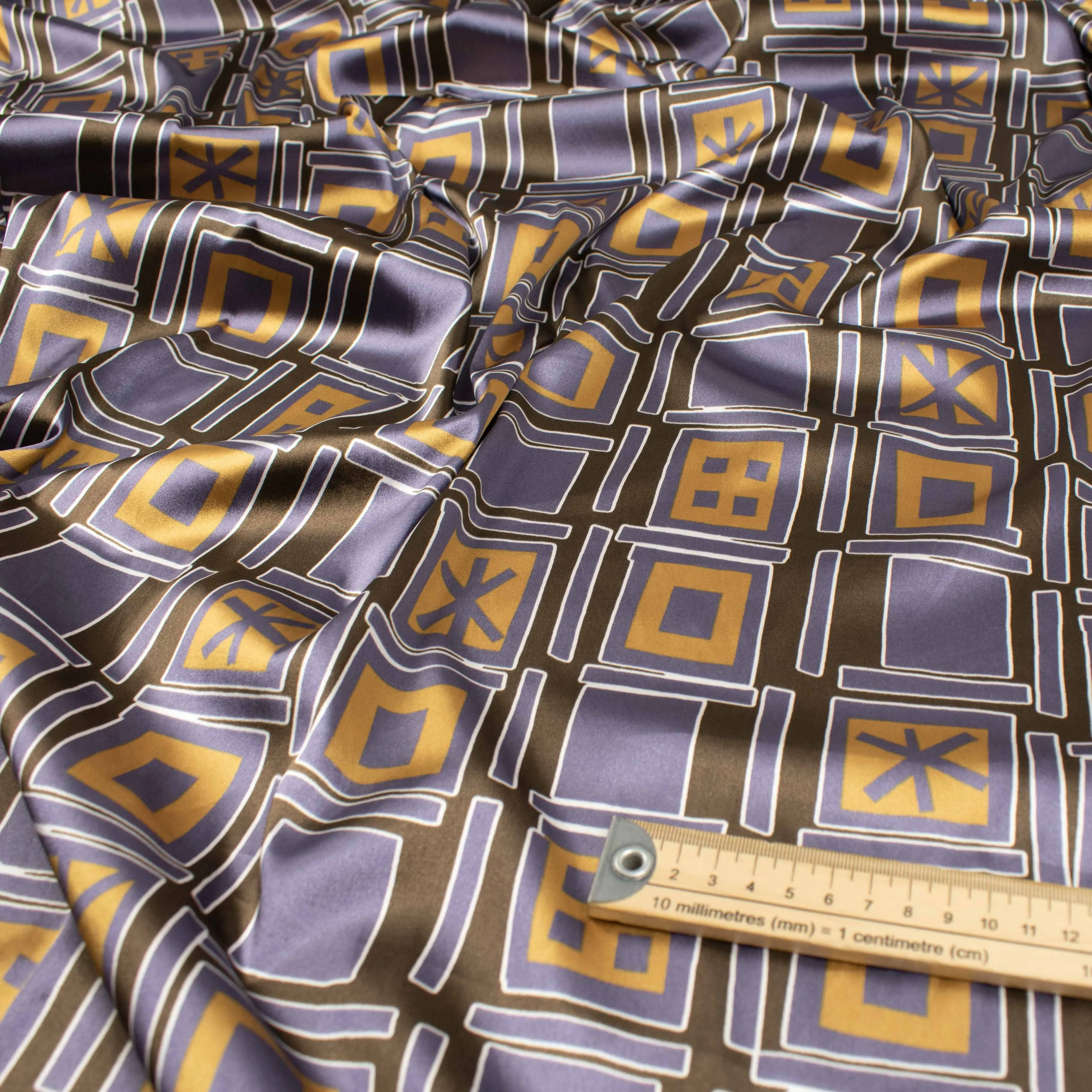 Printed Satin Design-30 Gold & Purple Squares on Brown