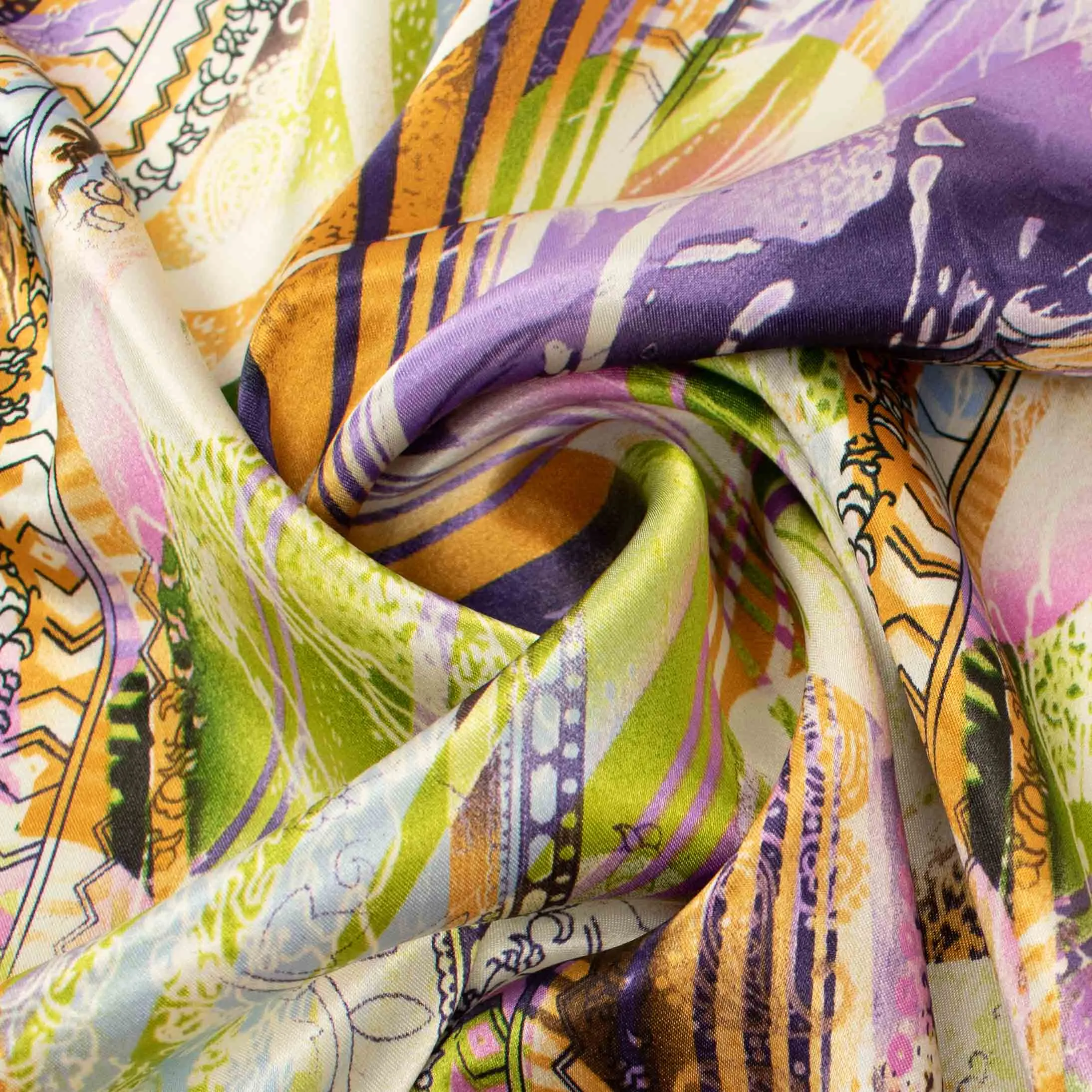 Printed Satin Design-48 Purple & Lemon Abstract