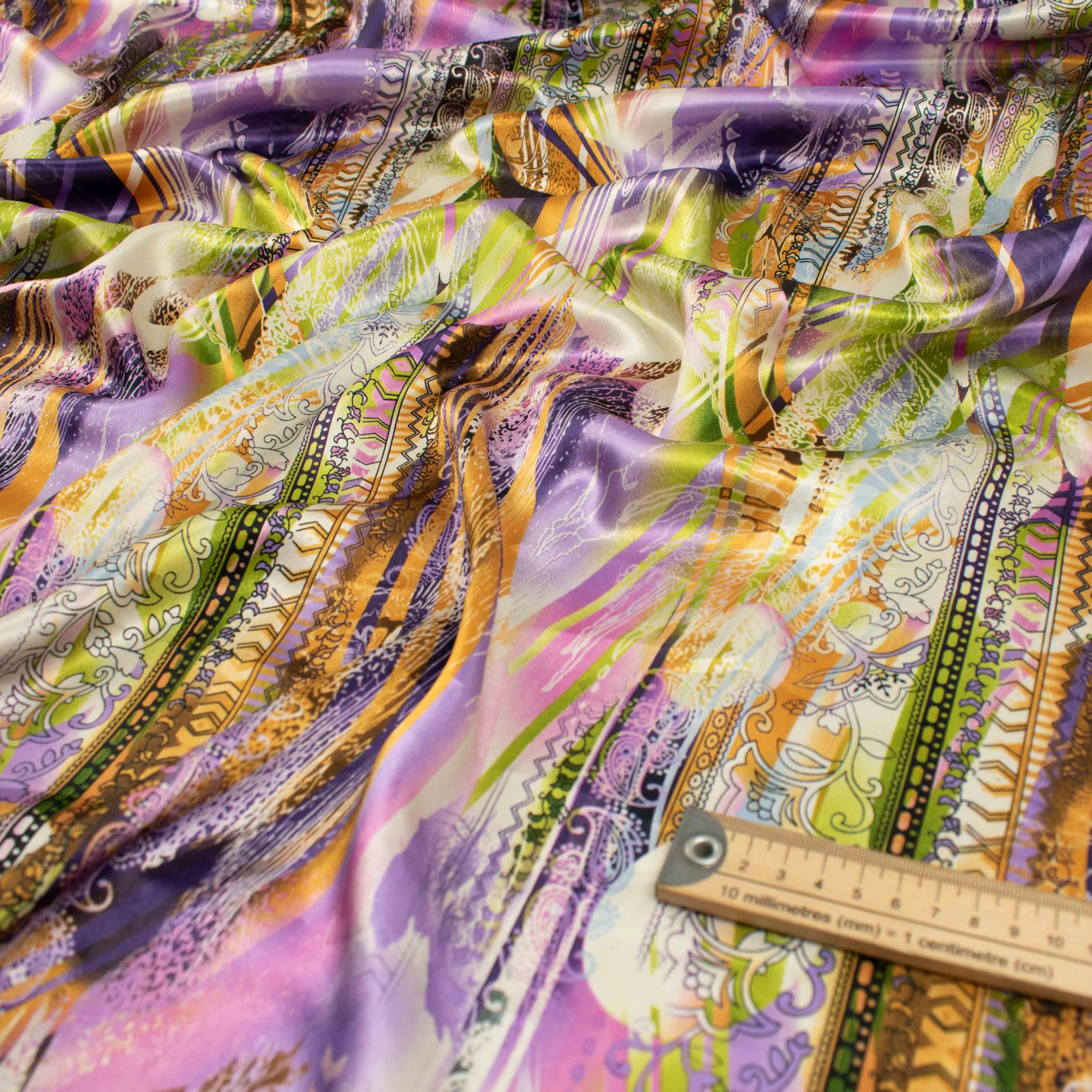 Printed Satin Design-48 Purple & Lemon Abstract