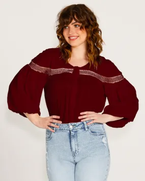 RAVA BOHO 3/4 SLEEVE TOP - WINE