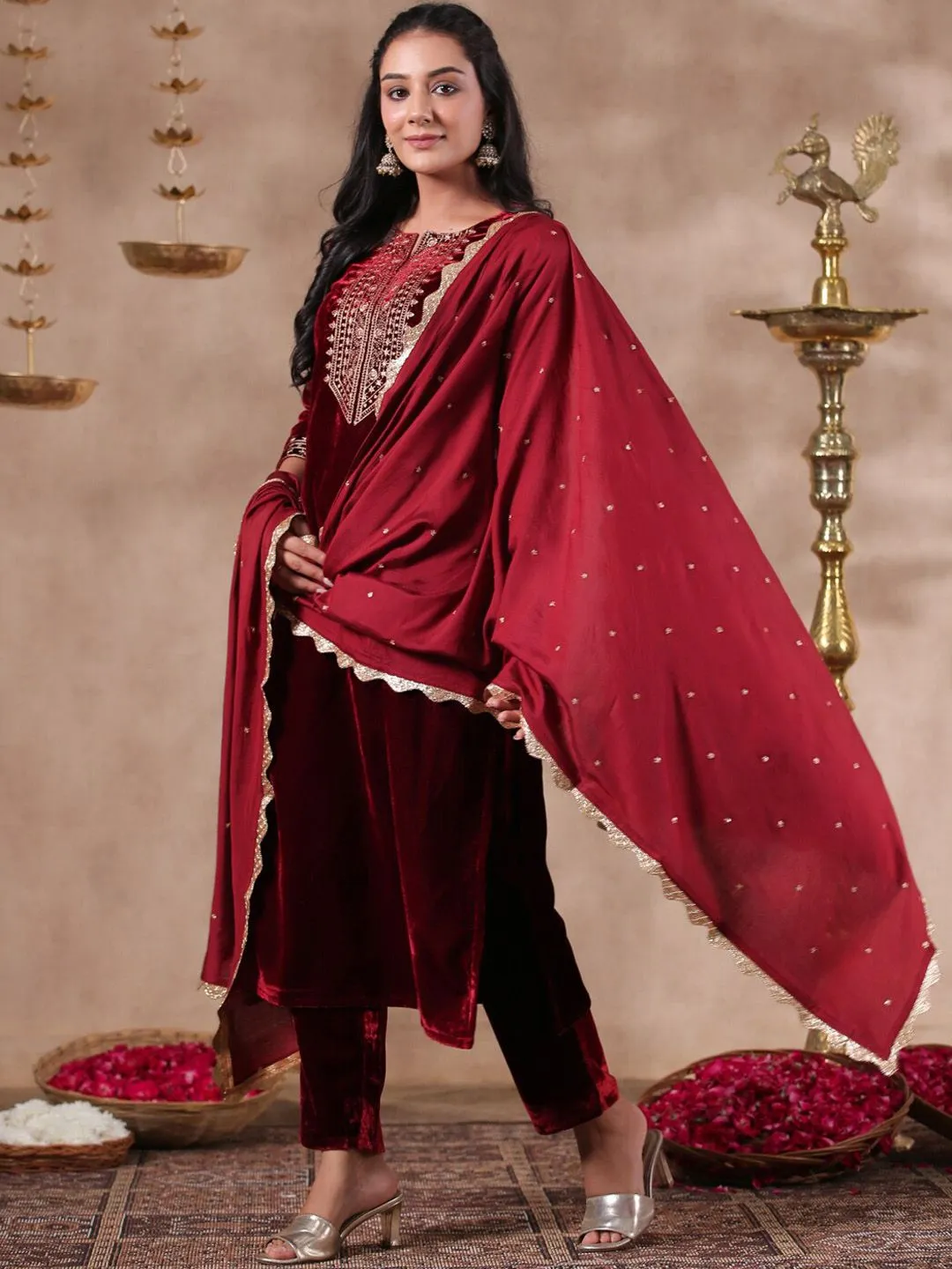 Rich Maroon Velvet Zari Embroidered Kurta Set with Sheer Voile Scalloped Lace Dupatta