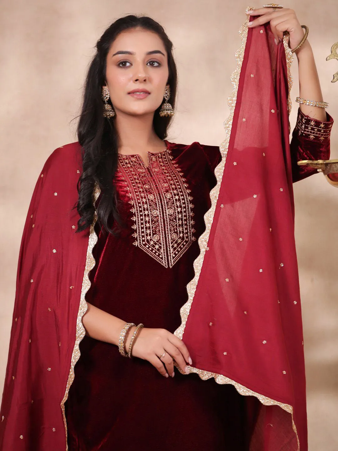 Rich Maroon Velvet Zari Embroidered Kurta Set with Sheer Voile Scalloped Lace Dupatta