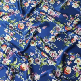 Royal Blue Italian Pure Silk Satin Fabric with Exquisite Mixed Floral Print, 140cm Wide - Luxuriously Tailored-D18712