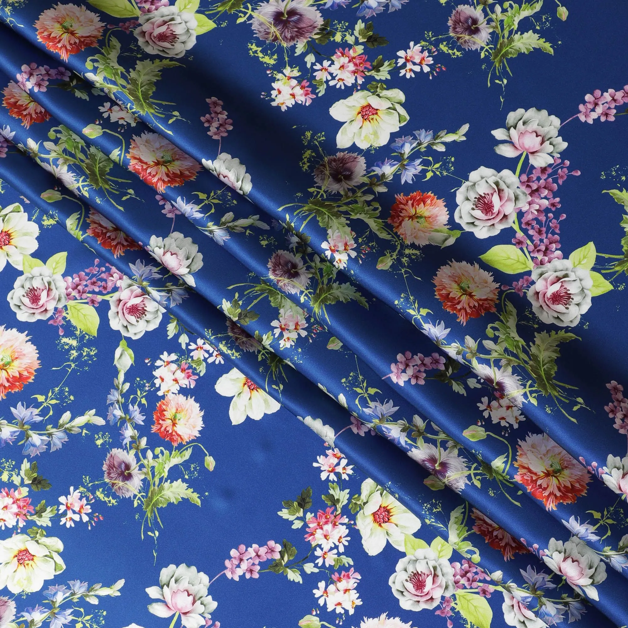 Royal Blue Italian Pure Silk Satin Fabric with Exquisite Mixed Floral Print, 140cm Wide - Luxuriously Tailored-D18712