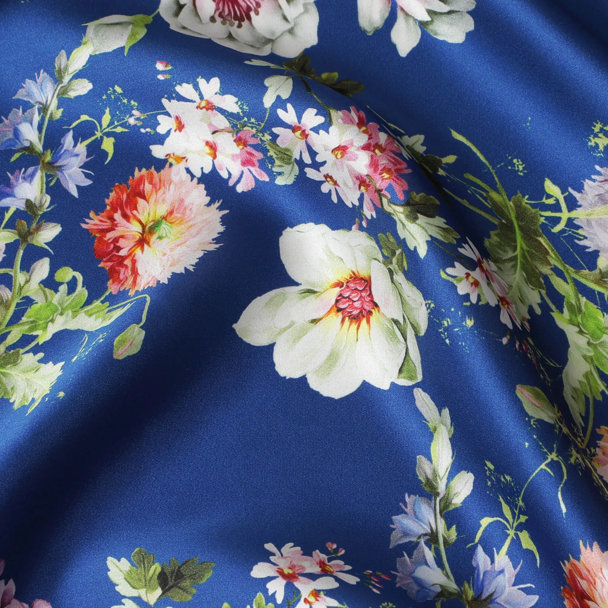 Royal Blue Italian Pure Silk Satin Fabric with Exquisite Mixed Floral Print, 140cm Wide - Luxuriously Tailored-D18712