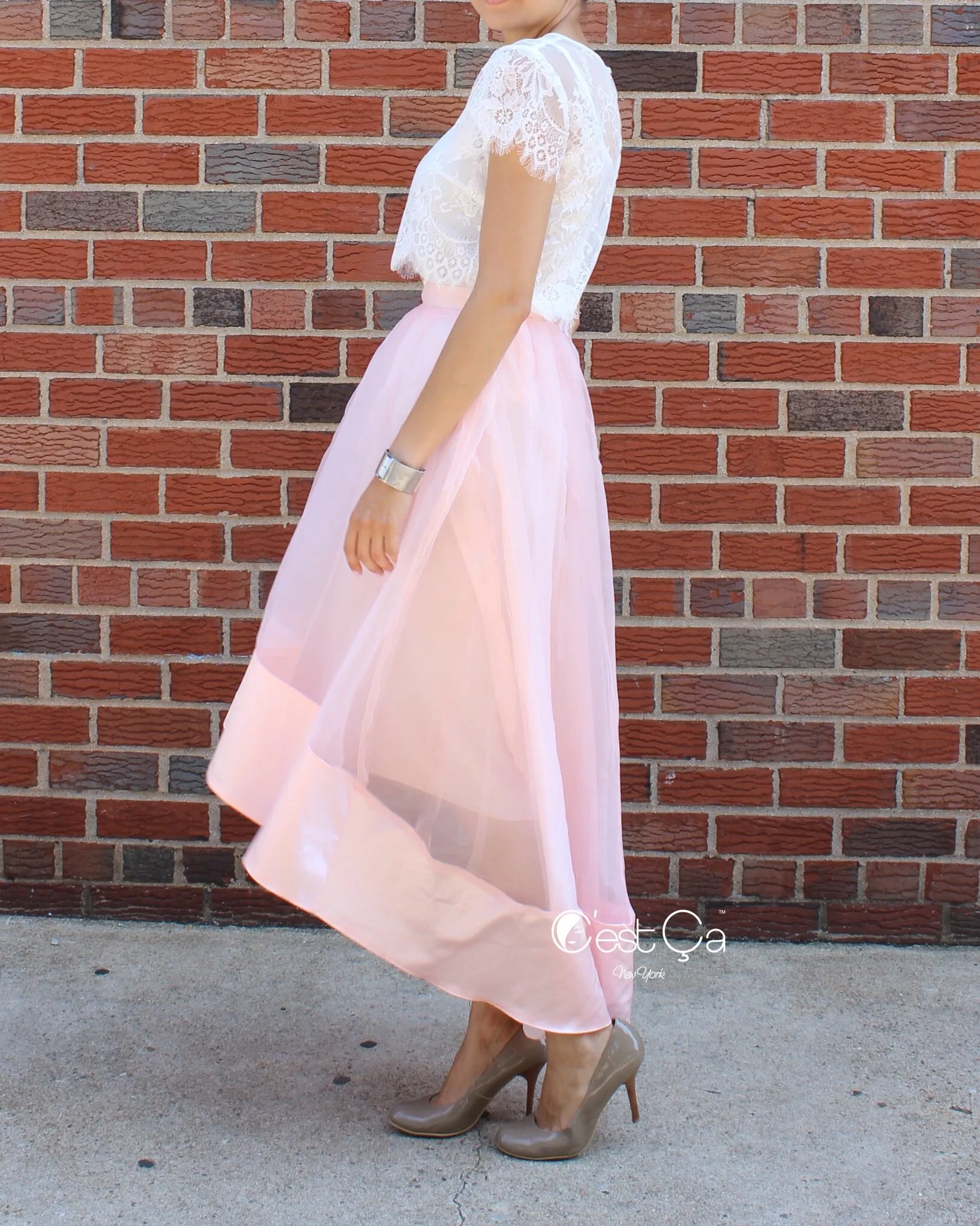 SAMPLE Donna Blush Pink High-Low Satin Organza & Tulle Skirt (size 10/12)