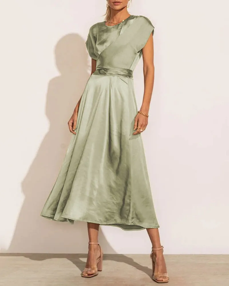 Satin Midi Dress Cap Sleeve Tie Waist Elegant A-Line Flowy Dresses