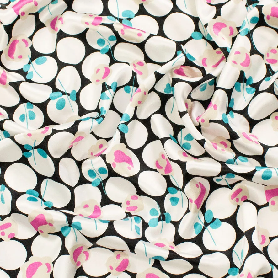 Satin Prints Design-204 Whit Dots and Pink Floral on Black