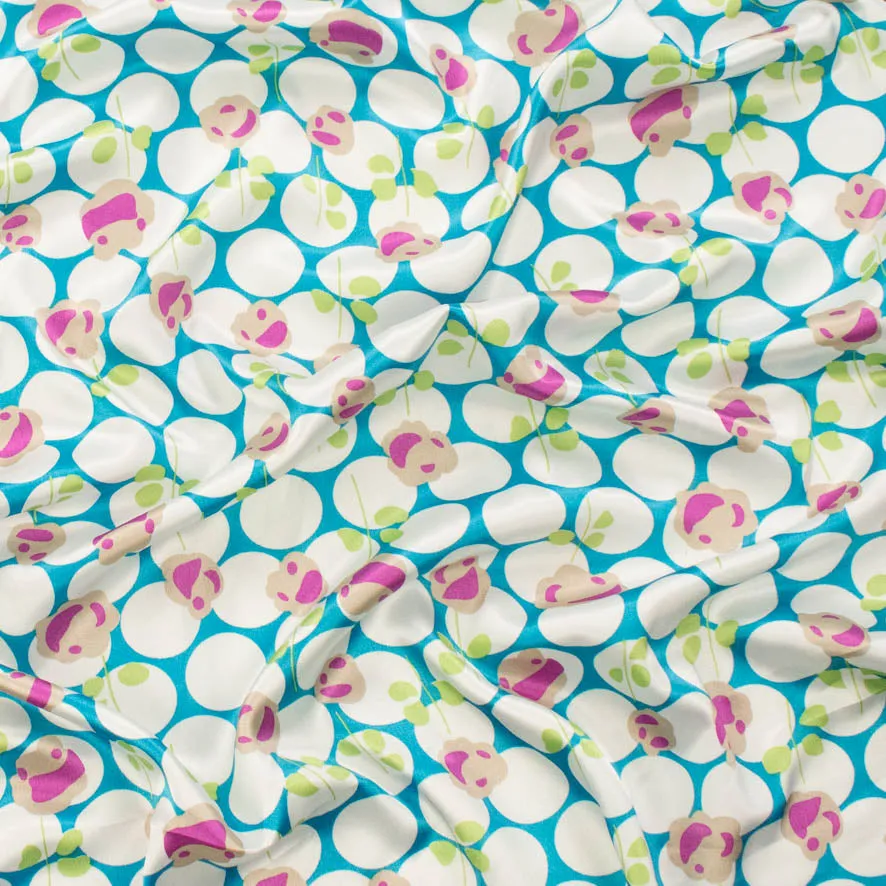 Satin Prints Design-204 Whit Dots and Pink Floral on Blue