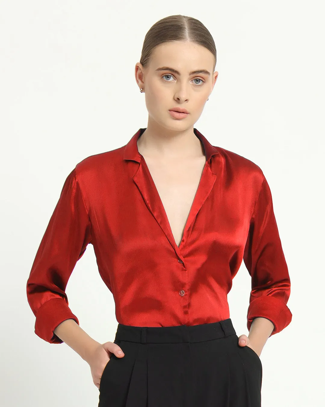 Satin Tailored Collar Scarlet Red Shirt