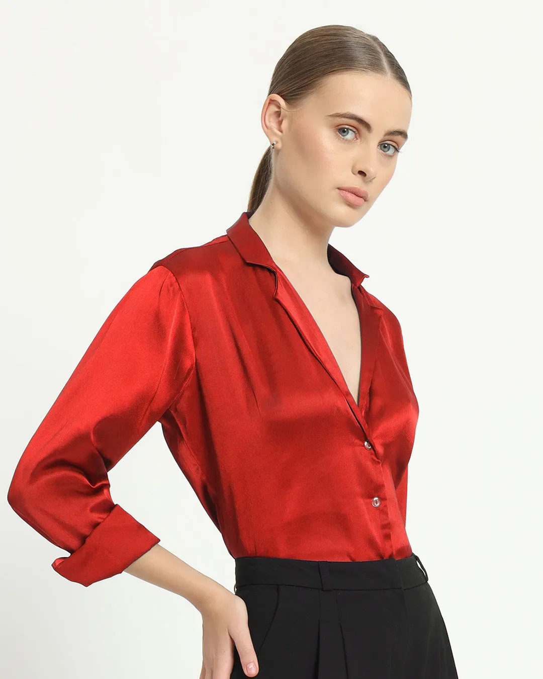 Satin Tailored Collar Scarlet Red Shirt